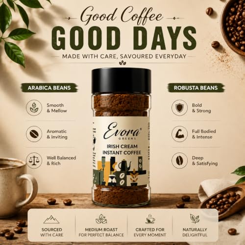 Image 3 of EVORA Greens 100gm Instant Coffee Powder | Irish Cream Flavour | Coffee with Arabica & Robusta Blend - Medium Roast | Make 50 Cups