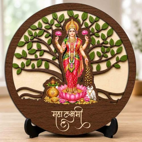 Image 1 of Default Title for the product Lakshmi Maa Wooden Idol with Stand for Home Temple, Puja Room, Office Desk & Indoor Mandir Decor - 5x5 Inch