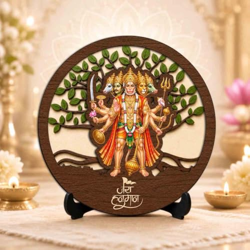Image 2 of Panchmukhi Hanuman Ji Premium Wooden God Idol for Indoor Temple, Living Room Shelf, Work Desk & Puja Decor - 5x5 Inch