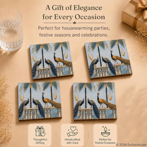 Image 5 of ExclusiveLane Peacock Courtyard Wooden Coaster Set (Set of 4)