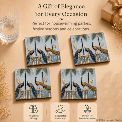 Image 5 of ExclusiveLane Peacock Courtyard Wooden Coaster Set (Set of 4)