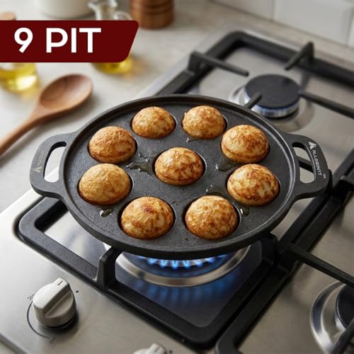 Image 5 of ALLEGIANT COOKWARE Kitchen Pre-Seasoned Cast Iron Appam Pan with 9 Cavity for Appam, Paniyaram, Appe & Paddu Making Use