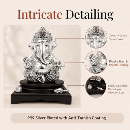 Image 5 of Dev Aastha Silver-Plated Lord Ganesha Idol with Modak & Mushak - Large