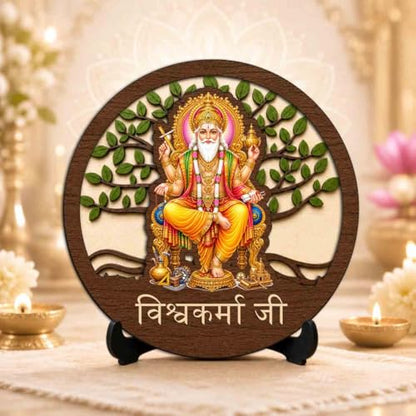 Image 2 of Vishwakarma Ji Table Top Wooden Idol/Murti for Mandir Decoration, Office Desk & Festive Gift - 5x5 Inch