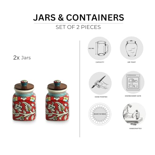 Image 5 of ExclusiveLane Mughal Classic Multi Utility Storage Ceramic Jars with Wooden Lid Set of 2 410 ml
