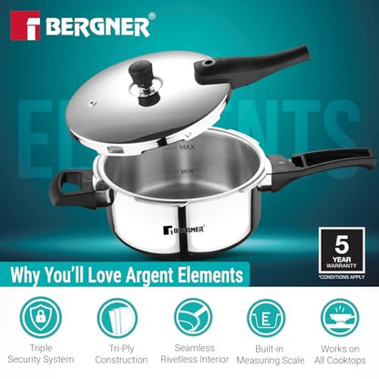 Image 4 of BERGNER Argent Elements Triply Stainless Steel 3.5 L Outer Lid Pressure Pan
