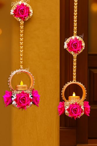 Image 6 of Divyakosh Hanging Pink Rose Flower with Brass Diya/Tealight Holder with LED T- Light, Set of 2, Size 22 Inch - Diwali Decoration, Latkan Tealight Holder, Candle Light Holder, Wall Decoration