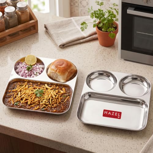 Image 1 of Default Title for the product HAZEL 3 in 1 Plate Stainless Steel Pav Bhaji Plate Set of 2 Mess Tray
