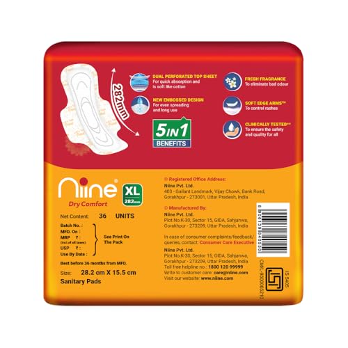 Image 5 of Niine Dry Comfort XL Sanitary Pads for Women |36 Pads, Pack of 1| 282 mm Long| Fast Absorption| Prevents Wetness & Leakage| Enjoy Leak-free Periods |With Anti-Leak Flow Channel
