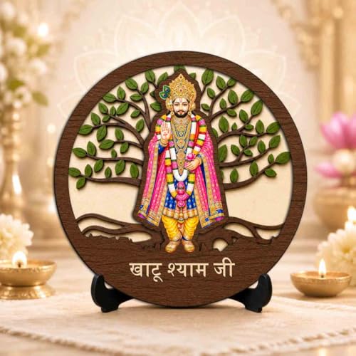 Image 2 of Khatu Shyam Ji Table Top Wooden Idol/Murti for Mandir Decoration, Office Desk & Festive Gift - 5x5 Inch