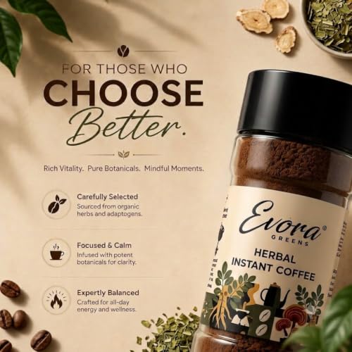 Image 4 of Evora Greens Herbal Instant Coffee | Arabica & Robusta Blend with Functional Herbs | Smooth Strong Taste | Hot & Black Coffee | Makes ~50 Cups | 100g Glass Jar