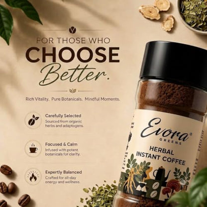 Image 4 of Evora Greens Herbal Instant Coffee | Arabica & Robusta Blend with Functional Herbs | Smooth Strong Taste | Hot & Black Coffee | Makes ~50 Cups | 100g Glass Jar