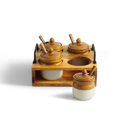 Image 3 of ExclusiveLane 'Barni Tales' Ceramic Pickle Jars for Dining Table With Spoon & Wooden Holder (Set Of 4, Non-Airtight, 270 ml) |Pickle Jar With Spoon Achar Jar Set Achar Container Set for Dining Table