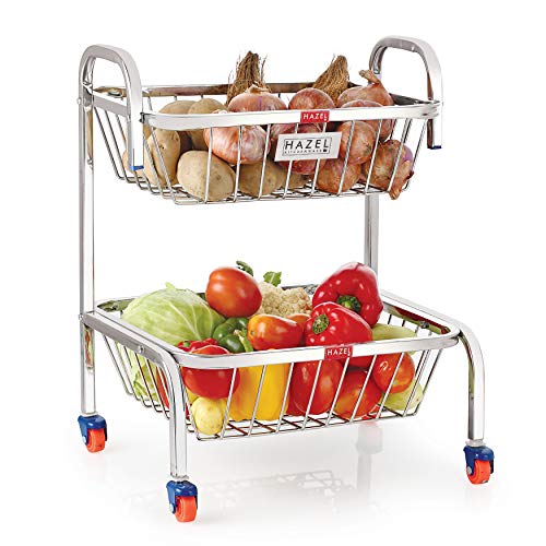 Image 3 of Rectangle 2pc (Small & Large) for the product HAZEL Stainless Steel Fruit Vegetable Basket Kitchen Storage Trolley Rack