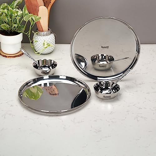 Image 6 of Sumeet plain Stainless Steel Heavy Gauge Mirror Finish Dinner set of 6 Pcs (2 Plate, 2 Bowl/Wati, 2 Spoon), Silver