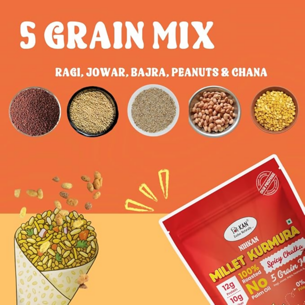 Image 2 of NIHKAN Roasted Ragi Jowar Bajra Kurmura Puffs Mix - Spicy Chatka Flavour