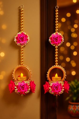 Image 1 of Default Title for the product Divyakosh Hanging Pink Rose Flower with Brass Diya/Tealight Holder with LED T- Light, Set of 2, Size 22 Inch - Diwali Decoration, Latkan Tealight Holder, Candle Light Holder, Wall Decoration