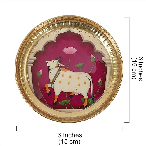 Image 6 of Two Moustaches 6 Inches Kamdhenu Cow Design Brass Pooja Thali, Multicolored, Pack Of 1