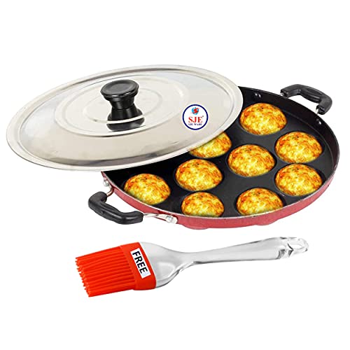 Image 1 of Default Title for the product SJE WARE Non Stick Appam Patra 12 Cavity with Stainless Steel Lid and Silicon Brush