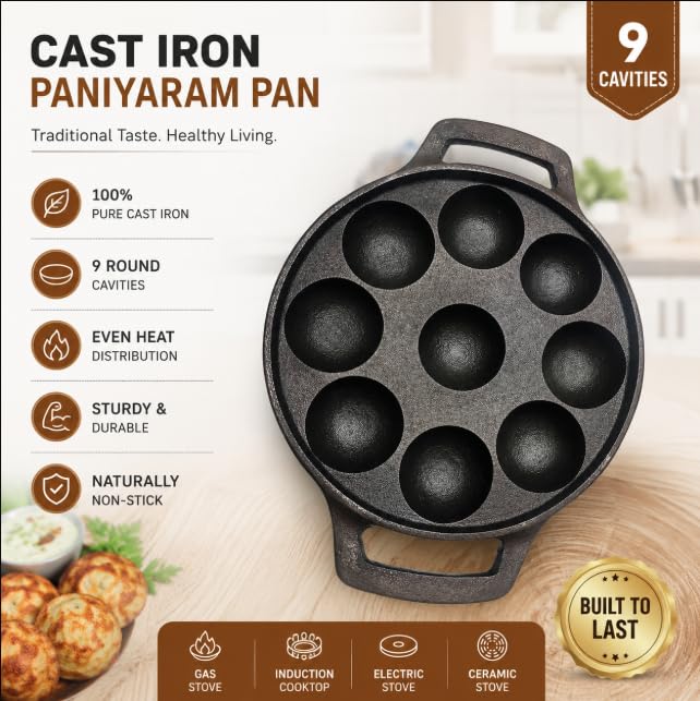 Image 4 of PRABHAVA TRADERS Pre-Seasoned Cast Iron Appam Maker | 9 Pits Paniyaram/Appe Pan | Ponganalu Maker | Gas Stove & Induction Compatible | Heavy Duty Naturally Nonstick | Round