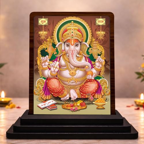 Image 1 of Default Title for the product 4x5 Inch Lord Ganesha Wooden Idol with HD Print | Elegant Bhakti Desk & Temple Decor