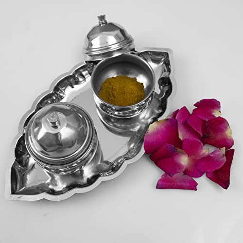 Image 3 of Spillbox Traditional Handcrafted Stainless Steel Thali kumkum Holder Stand Plate for Pooja/Puja Worship Oval 2 Bowl-Small Leaf- Silver