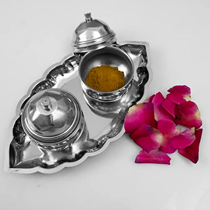 Image 3 of Spillbox Traditional Handcrafted Stainless Steel Thali kumkum Holder Stand Plate for Pooja/Puja Worship Oval 2 Bowl-Small Leaf- Silver