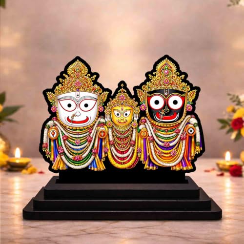 Image 1 of Default Title for the product Jagannath Trio Wooden MDF Printed Idol with Stand, 4 x 5 Inch, Pooja Room Decor, Home Temple Mandir Decoration, Religious Gift