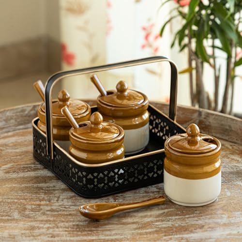 Image 1 of Default Title for the product ExclusiveLane 'Barni Tales' Ceramic Pickle Jars for Dining Table With Spoon & Iron Holder (Set Of 4, Non-Airtight, 270 ml) | Pickle Jar With Spoon Achar Jar Set Achar Container Set for Dining Table|