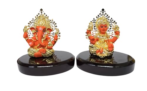 Image 2 of Gold Art India Laxmi Ganesh Gold Plated Orange Terracotta Idol (3.3" Inch)