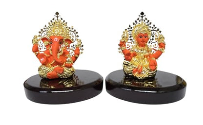 Image 2 of Gold Art India Laxmi Ganesh Gold Plated Orange Terracotta Idol (3.3" Inch)