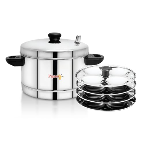 Image 2 of Round-4 Plates 16 Idlies for the product Pigeon Classic Stainless Steel Idli Cooker with Whistle Indicator | Idly Cooker Pot | Steel Idli Maker with Silver Lid - 6 Plates (for 24 Idlies)