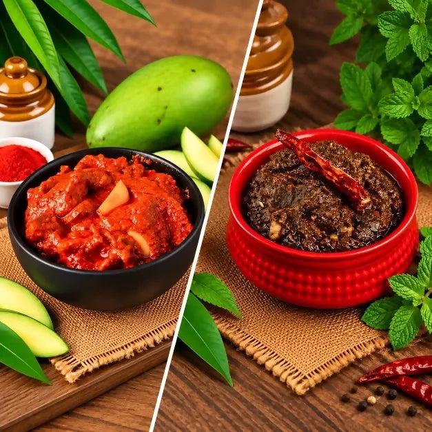 Image 1 of combo for the product Tenali Ruchulu Pickles Combo: Mango Pickle + Pudhina(Mint Leaves) Pickle