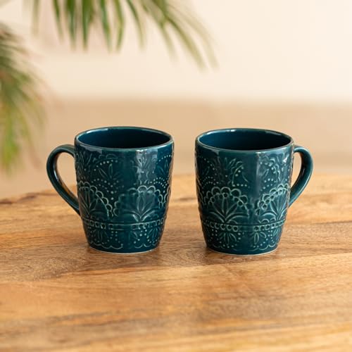 Image 1 of Default Title for the product ExclusiveLane Teal Forest Ceramic Coffee Mugs Set of 2 180 ML