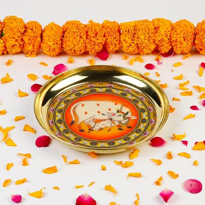 Image 1 of Default Title for the product Klassic 6 Inch Handcrafted Brass Thali/Aarti Plate | Cow Design, Medium(Pack Of 1, Golden)
