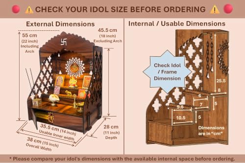 Image 3 of STEPn'SPACE Wooden Temple for Home Big Size Mandir LED Light & Step Wall Hanging Puja Mandir for Home Temple for Office Pooja Stand with Storage XL-D28x W38x H55cm