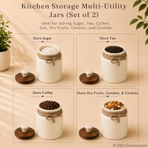Image 4 of ExclusiveLane Vintage Ivory Multi Utility Storage Ceramic Jars with Wooden Lid Set of 2 410 ml