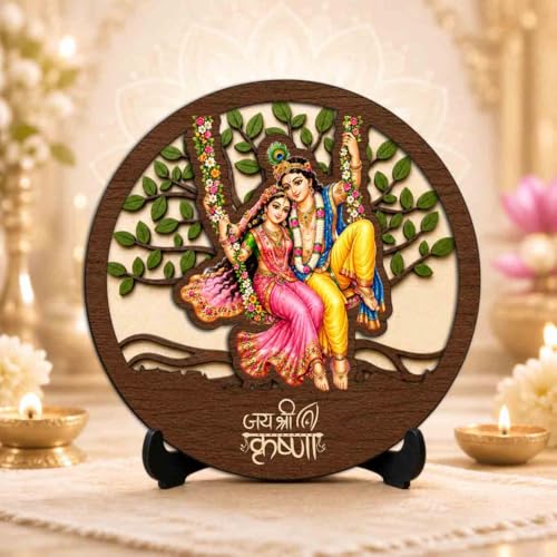 Image 2 of Radha Krishna Wooden Idol with Stand for Home Temple, Puja Room, Office Desk & Indoor Mandir Decor - 5x5 Inch