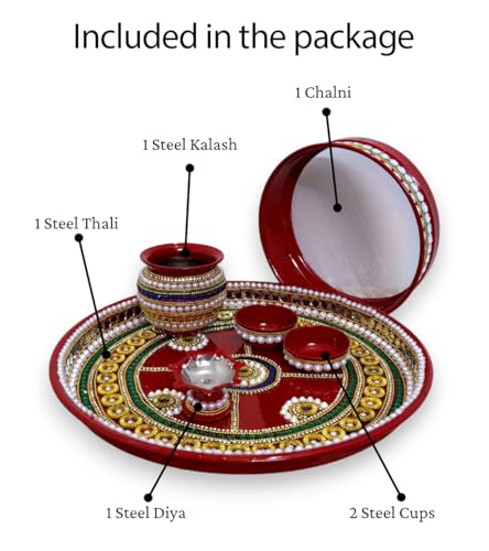 Image 3 of RIA Studio Karva Chauth Pooja Thali Set - Kundan Decorated Stainless Steel 6-Pieces (12 Inch)