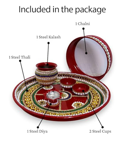 Image 3 of RIA Studio Karva Chauth Pooja Thali Set - Kundan Decorated Stainless Steel 6-Pieces (12 Inch)