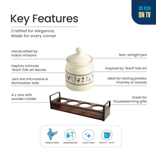 Image 5 of ExclusiveLane Warli Tales Handcrafted Ceramic Pickle Jar With Wooden Tray (Set of 4, 230 ML)