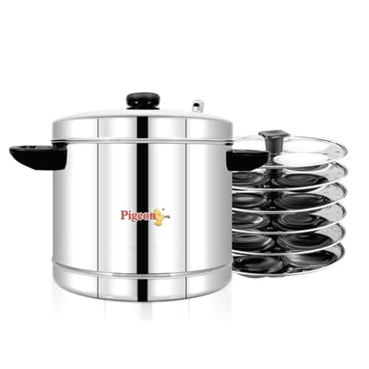 Image 4 of Pigeon Classic Stainless Steel Idli Cooker with Whistle Indicator | Idly Cooker Pot | Steel Idli Maker with Silver Lid - 6 Plates (for 24 Idlies)