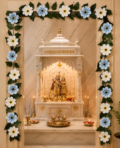 Image 2 of Divyakosh Mango Leaf Vine with White & Blue Cosmos Flowers (6.5 FT) for Door Entrance Deﾌ…or Creeper | Artificial Flowers Garland,Thoran,Festive Puja Wall Hanging for Diwali Navratri Ganpati Home Deﾌ…or