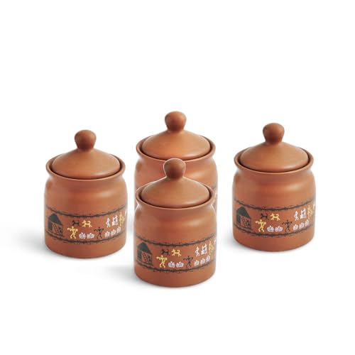 Image 3 of ExclusiveLane Warli Village Tales Handcrafted Ceramic Pickle Jar Set of 4, 250 ML