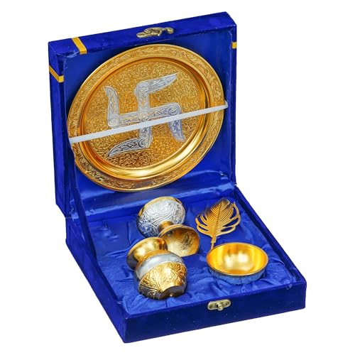 Image 5 of Webelkart Silver Plated Swastik Pooja Thali Set (Gold)