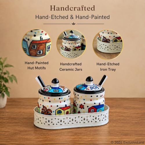 Image 3 of ExclusiveLane The Hut Ceramic Pickle Jars with Spoons & Iron Tray Set of 2 280 ml