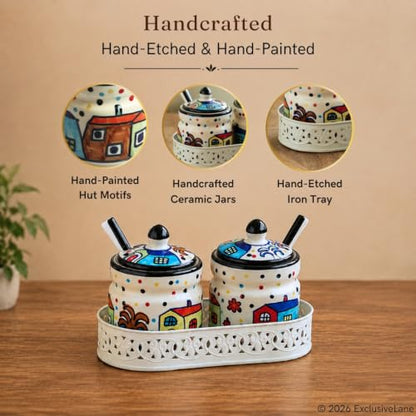 Image 3 of ExclusiveLane The Hut Ceramic Pickle Jars with Spoons & Iron Tray Set of 2 280 ml