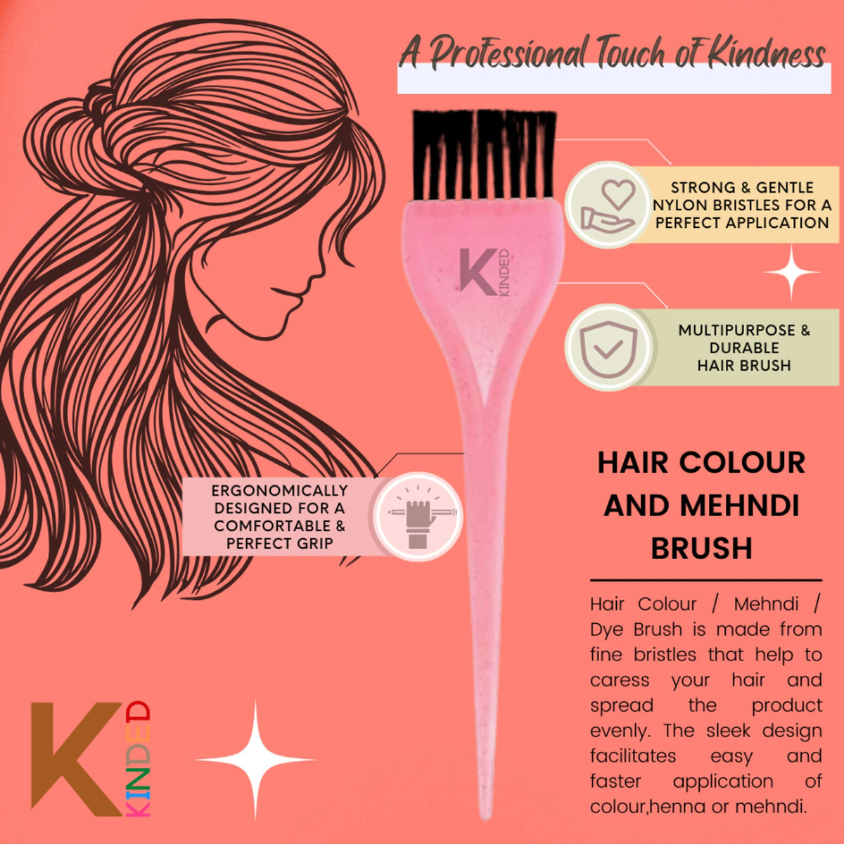 Image 2 of KINDED Multipurpose Pink Hair Color and Mehndi Brush Set of 2