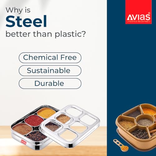 Image 4 of AVIAS 6-in-1 Stainless Steel Masala/Spice Box, See-Through Lid, Design