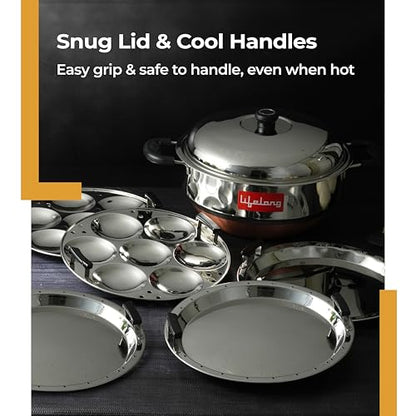 Image 3 of Lifelong Multi Kadai Steamer Set | 29cm, 2.5kg | Momo Maker 4.2Ltr | 5 Large Plates for Idli, Dhokla & Steamer | Induction-Friendly 3-Layer Thick Bottom (LLSSMK05, Stainless Steel)
